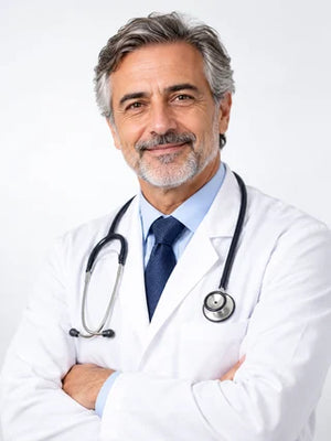 Illustrative portrait of a fictional doctor, generated with artificial intelligence